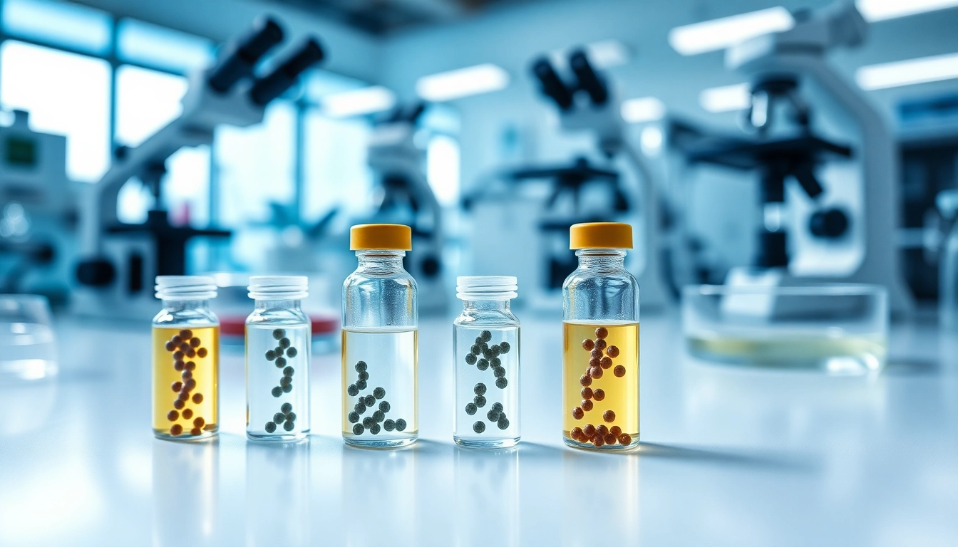 Examine research peptides in glass vials, highlighting laboratory tools and scientific equipment.