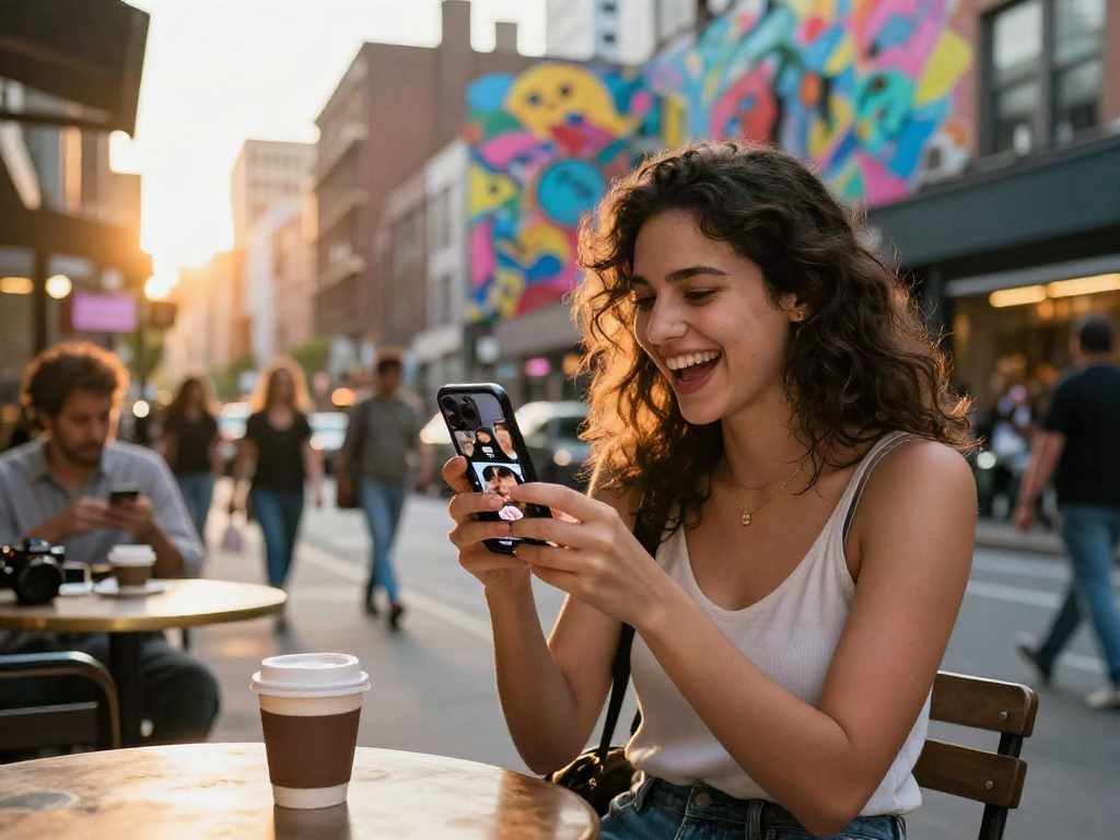 Discover your celebrity i look like fun with a woman comparing faces on her smartphone in an urban setting.