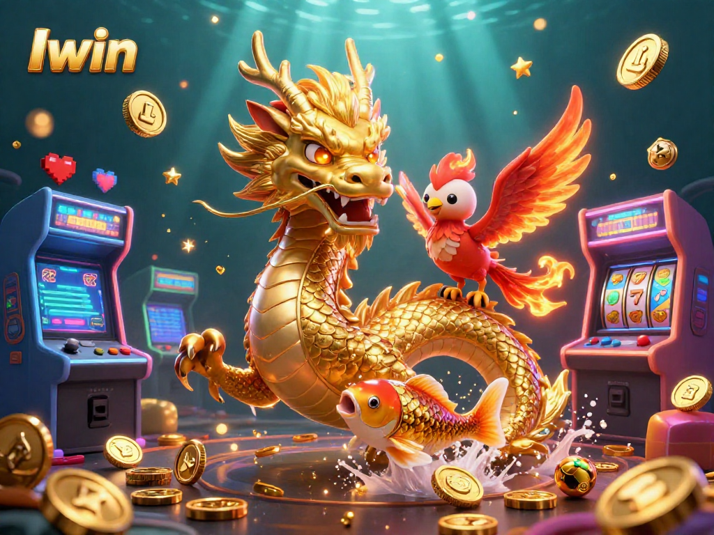 Iwin showcases a captivating scene with a golden dragon, a red phoenix, and dynamic slot elements.
