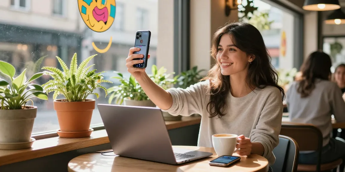 How old do I look? Young woman enjoying a café while using an age estimator tool.