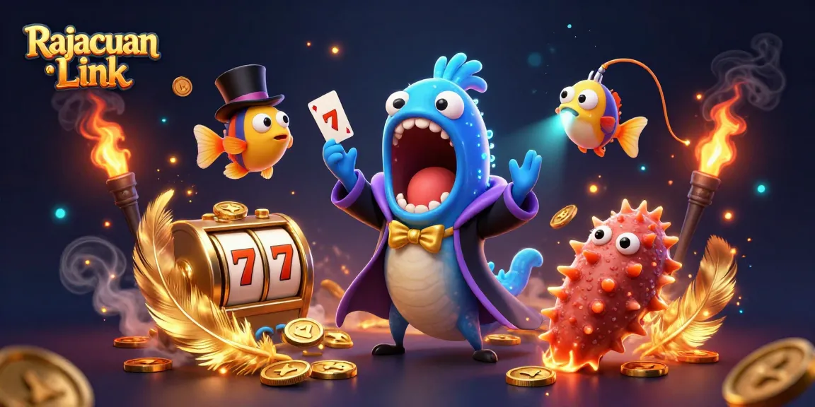 Menggoda kemenangan besar di Rajacuan Link dengan ilustrasi kasino 3D yang berwarna-warni.