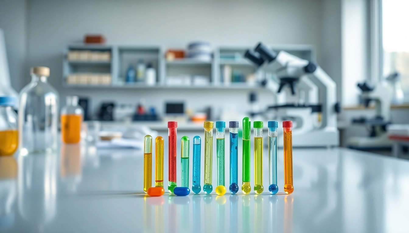Discover various research peptides at this peptide shop, showcasing vibrant colors and scientific instruments.
