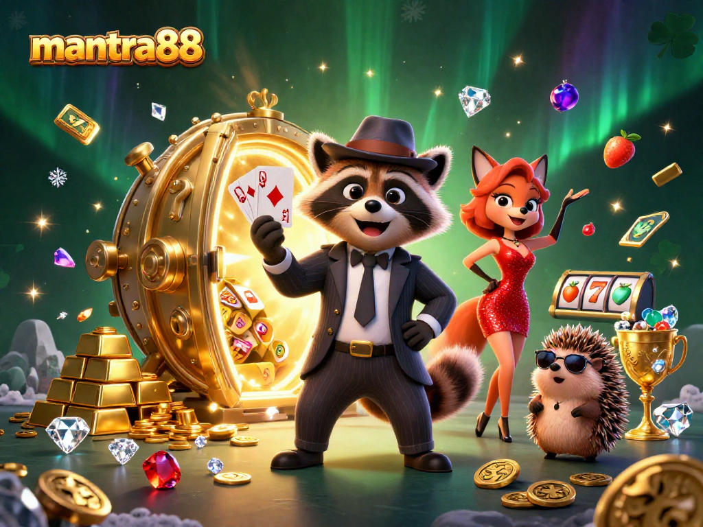 Experience casino excitement with mantra88’s engaging raccoon, fox, and hedgehog illustration.