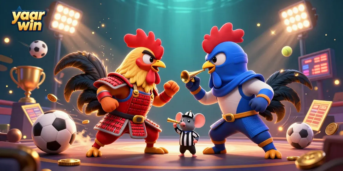 Engage in thrilling battles with yaar win as roosters clash in a vibrant 3D casino scene.