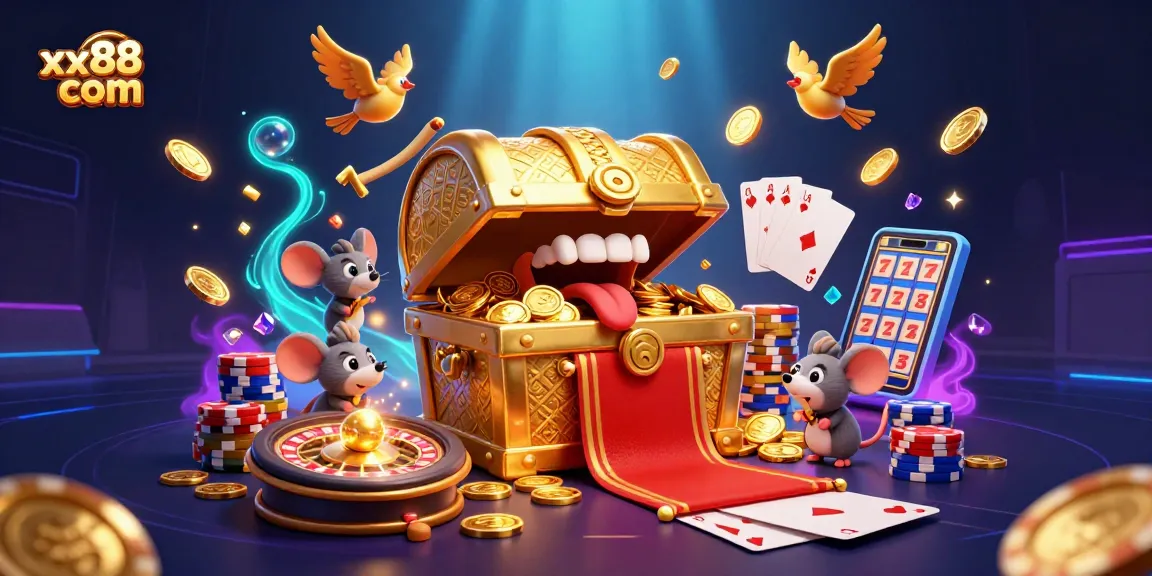 Experience thrilling gaming at xx88 com with a vibrant 3D illustration of cascading riches, roulette, and adventure.