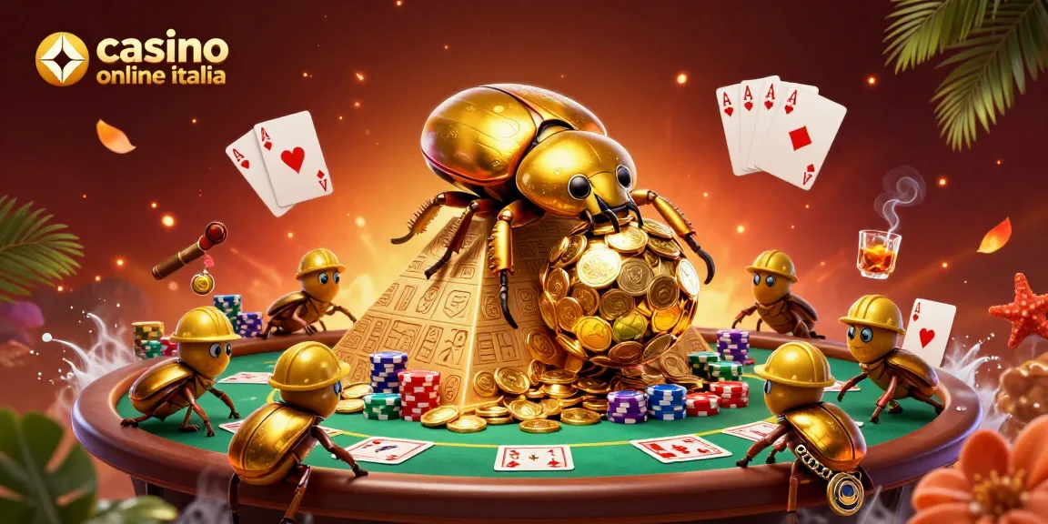 Gioca spensierato con casinò online Italia in questo vivace incontro tra scarabei dorati e simboli di casinò.