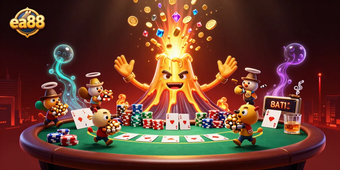 ea88 presents an exciting 3D cartoon scene of a golden volcano erupting coins and treasures with dynamic poker elements.