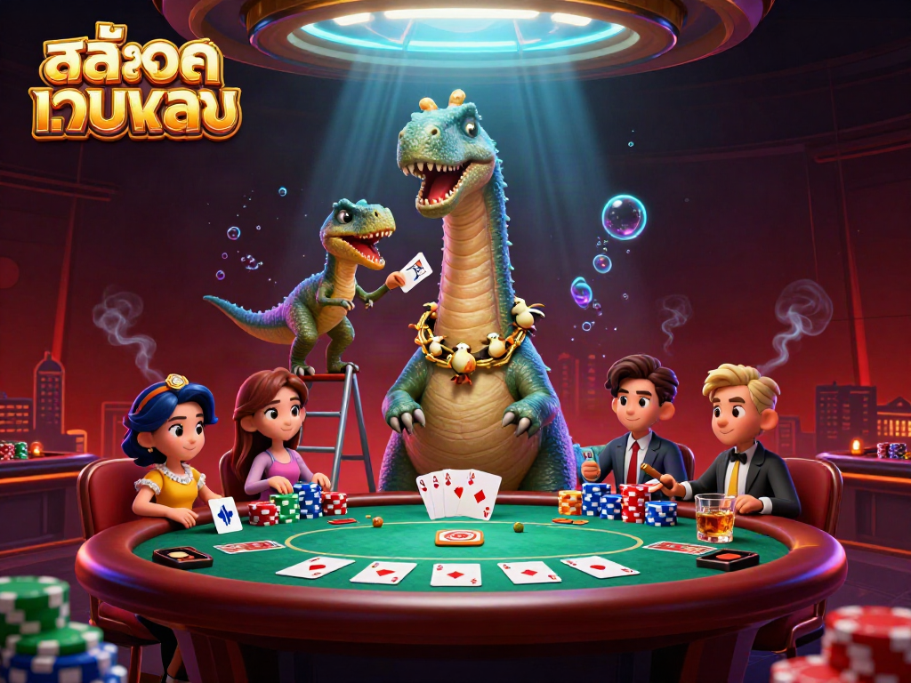Experience the excitement of สล็อตเว็บตรง with dynamic casino action featuring a cartoon dinosaur poker showdown.