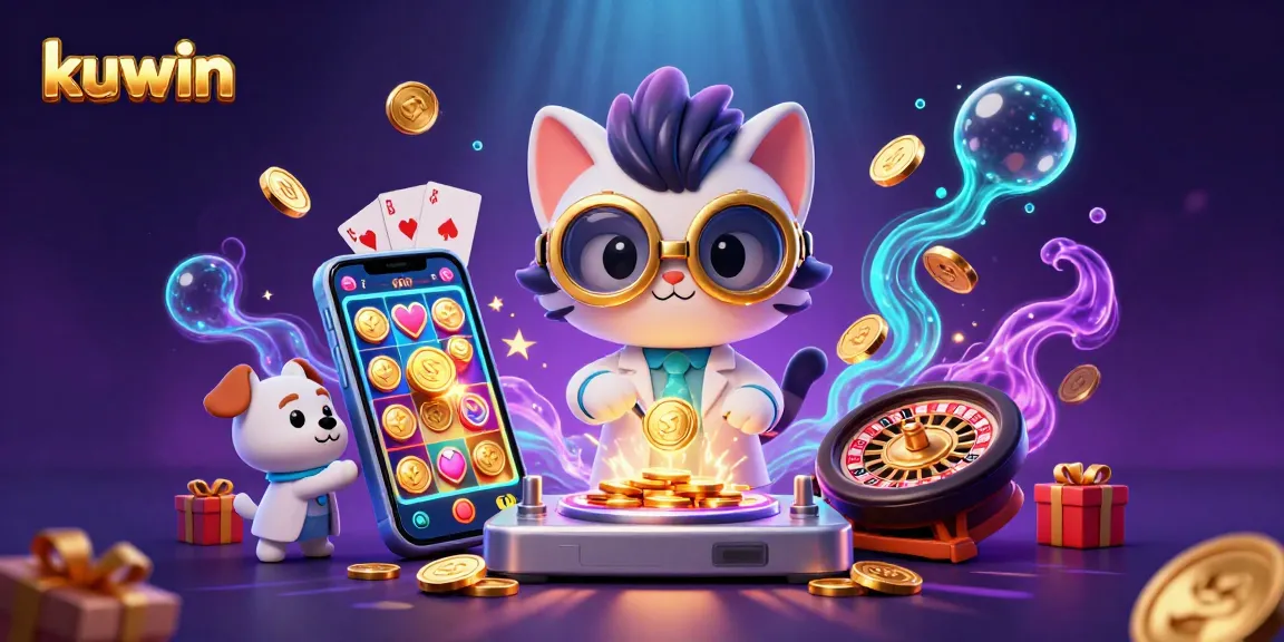 Kuwin offers exciting gaming action in a colorful 3D illustration of a mad scientist cat creating fortune.