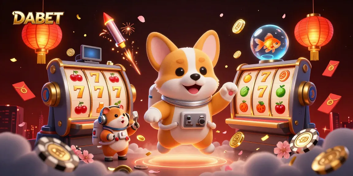 DABET slots illustration featuring a floating corgi astronaut, poker chips, and spinning slot reels