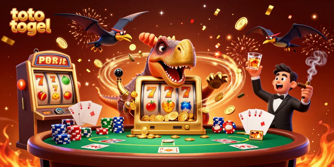 Visualisasi menarik dengan toto togel, fitur slot emas, dan karakter dinosaur yang beraksi di kasino