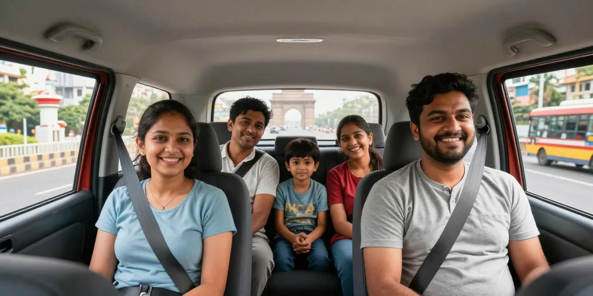 Family traveling in an Outstation Taxi from Mumbai, smiling with landmarks in view.