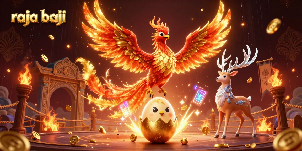 Engage with raja baji's vibrant 3D illustration featuring a phoenix and mystical stag amidst gambling elements.