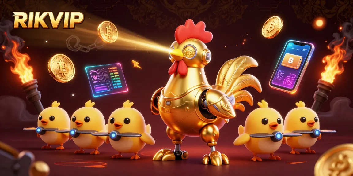 Engage in thrilling gaming with RIKVIP featuring a golden rooster robot and crypto elements