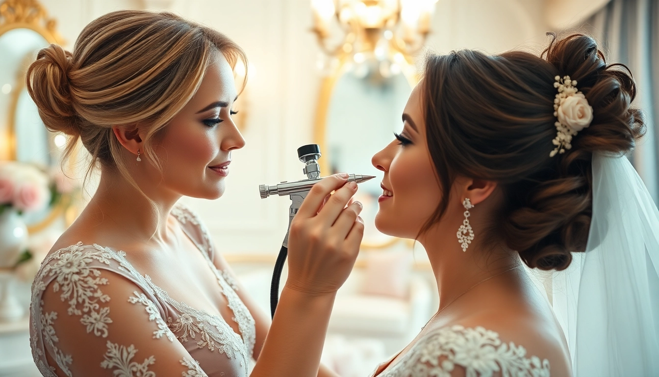 Applying wedding airbrush makeup Dallas to a bride in a beautifully decorated suite.