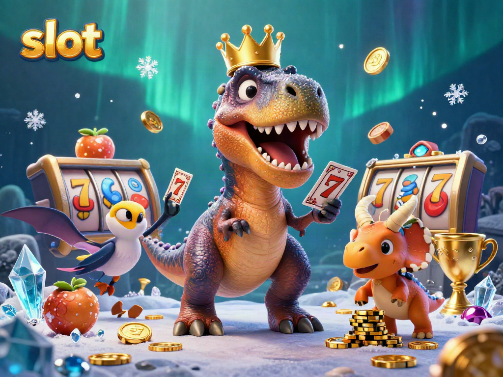 Experience thrilling slot action in this vibrant 3D illustration featuring a playful T-Rex.