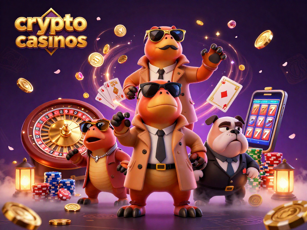 Découvrez les crypto casinos à travers une scène animée avec des raptors déguisés au casino, remplie de jeux et de lumières.
