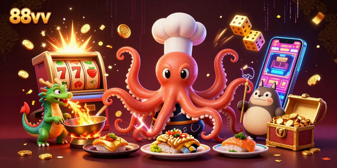 Engage with 88vv at a vibrant casino-themed illustration featuring exciting games and characters.