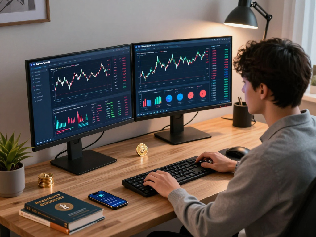 Engaged user trading on kyber-swap platform with dual monitors showing cryptocurrency charts and analytics.