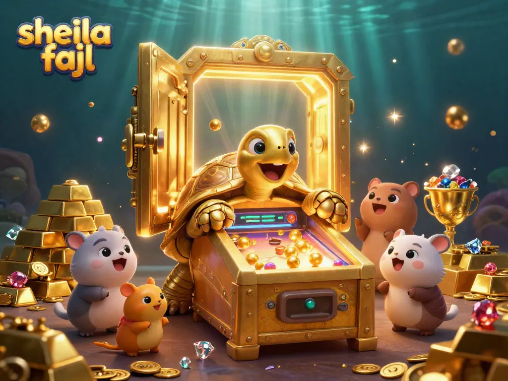 Engage with Sheila Fajl's captivating golden tortoise themed gaming illustration filled with treasures.