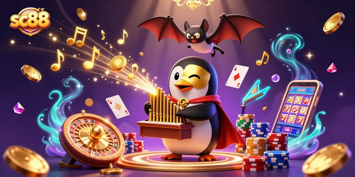 Experience the excitement of sc88 with a penguin playfully engaging in casino fun, surrounded by coins and game elements.