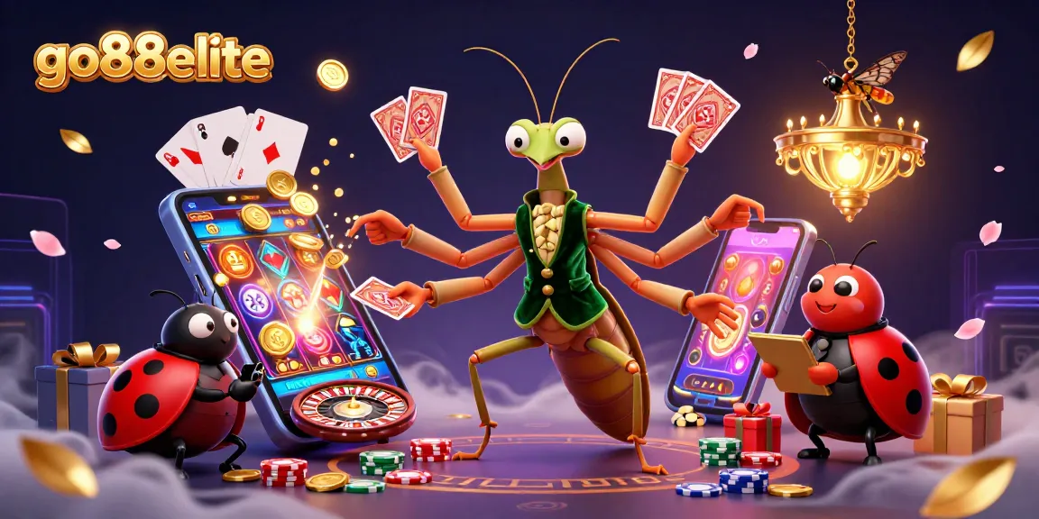 Engage with go88elite's vibrant casino experience featuring a giant praying mantis dealing cards!