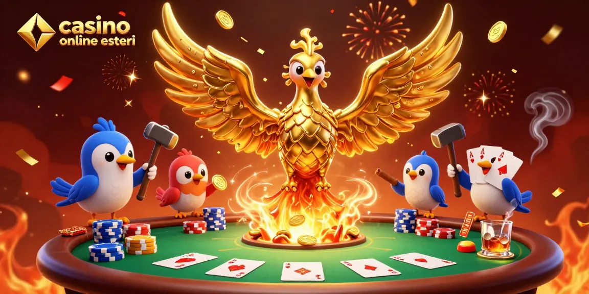 Gioca su casinò online esteri con una rappresentazione vivace di una fenice dorata e elementi di poker dinamici.