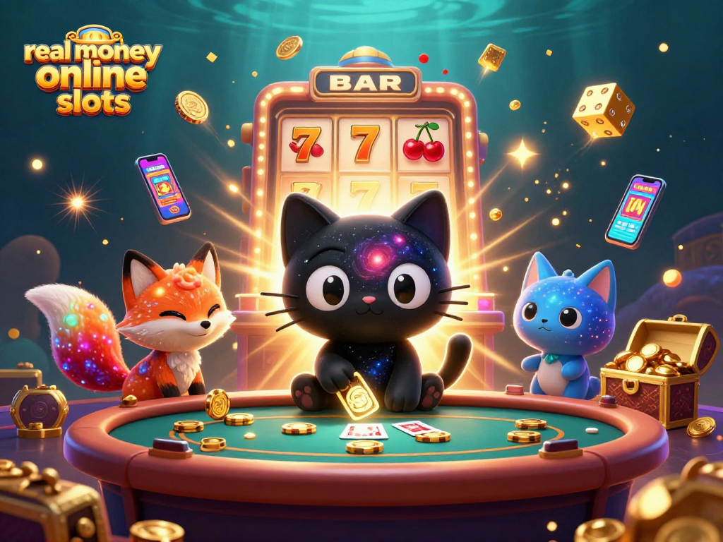 Experience thrilling real money online slots with a cosmic black hole cat and a nebula fox amidst jackpot action.