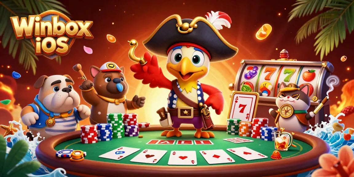 Winbox iOS app action scene featuring a pirate captain, bulldog, and cat navigating a vibrant casino.