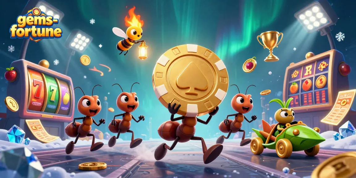 Experience the fun of gems-fortune as ants execute a heist with a golden poker chip, amidst vibrant casino elements.