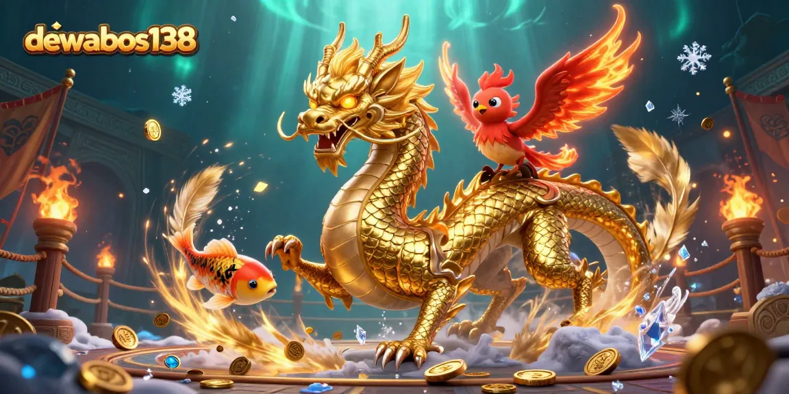 Experience the thrill of dewabos138 as a golden dragon and vibrant phoenix soar through a dynamic casino scene filled with coins.