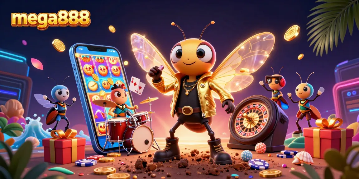 Spin big with mega888 as a cartoon cicada rock star and friends celebrate gaming victories.