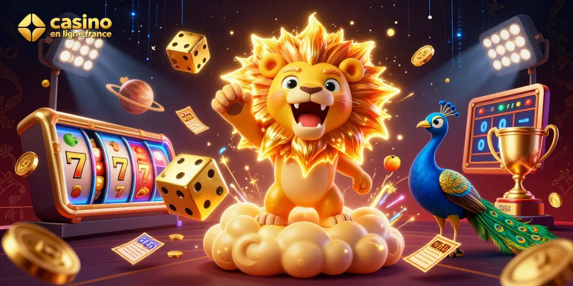 Jouez au casino en ligne France avec cette illustration dynamique de jeux de machines à sous et un lion symbolique.