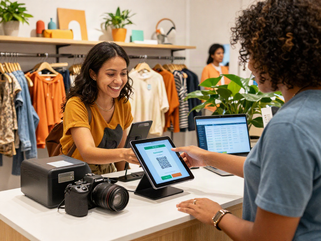 Shoper using slot qris digital payment method in vibrant retail shop.