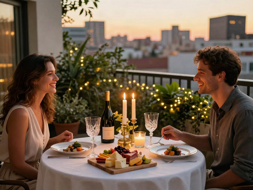 Pengalaman mewah dengan luxury111, pasangan menikmati makan malam elegan di balkon apartemen kota yang indah