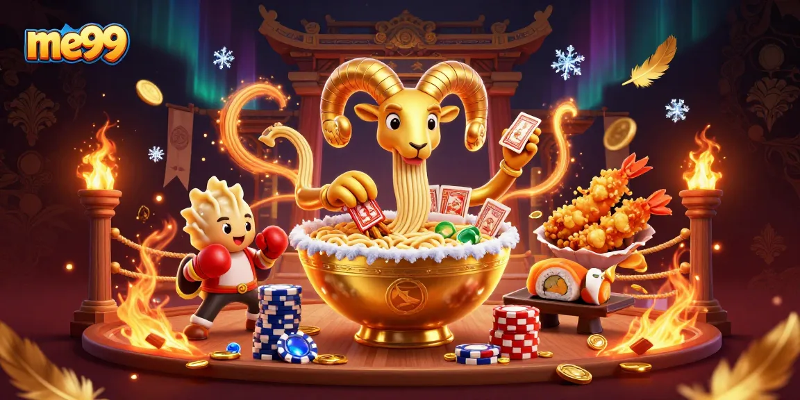 Experience the thrill of me99 with golden ramen, sushi dealers, and tempura shrimp cheerleaders in a vibrant casino setting.