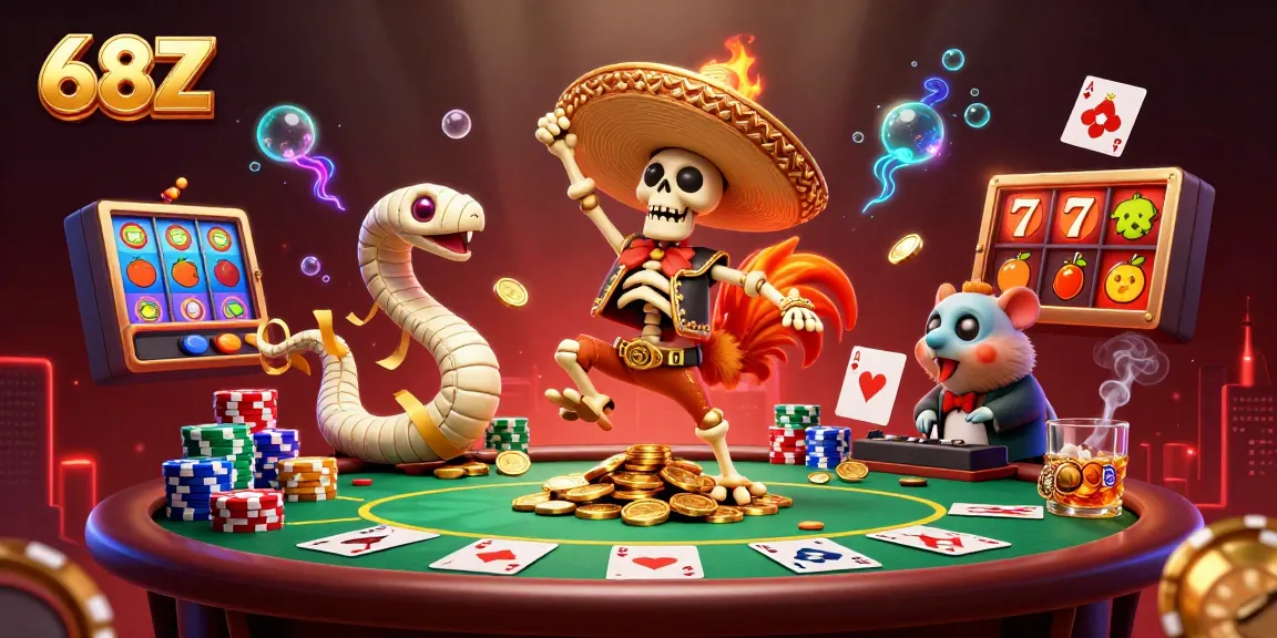 68Z anima personagens em uma celebração de apostas, incluindo mesa de poker e elementos de caça-níqueis.
