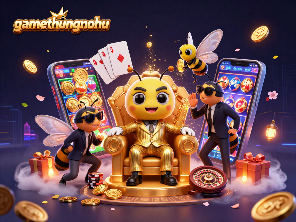 gamethuongnohu showcases a vibrant 3D casino scene with animated characters and slot elements.