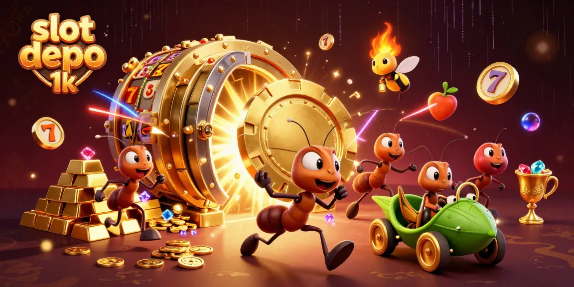 Slot depo 1k menampilkan semut 3D mencuri chip poker raksasa di tengah kekayaan permainan slot.