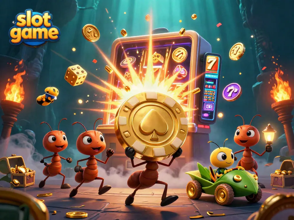 Join a playful slot game adventure with ants carrying a golden chip and vibrant slot machine visuals.