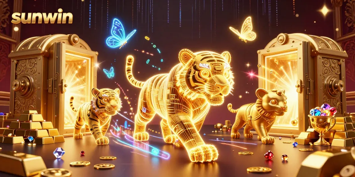 Experience sunwin's vibrant gaming world with a golden tiger and treasures in a digital casino.