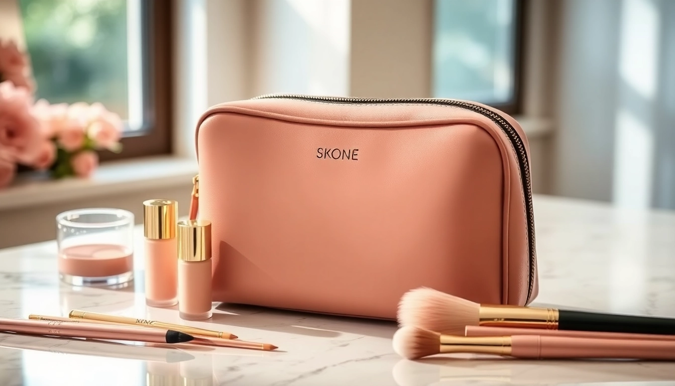 Showcasing the stylish skone cosmetics signature makeup bag surrounded by pastel makeup essentials.