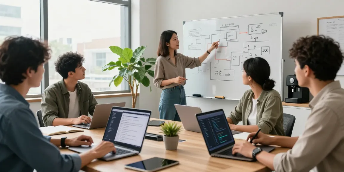 Professionals collaborating to build internal tools with AI in a modern workspace, showcasing innovative technology and teamwork.