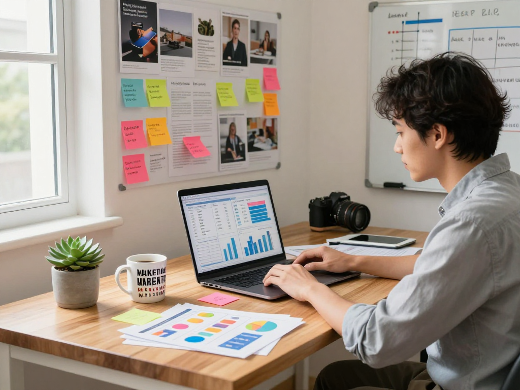 Digital marketing workspace with analytics metrics and mantra88 branding, reflecting creativity and strategy.