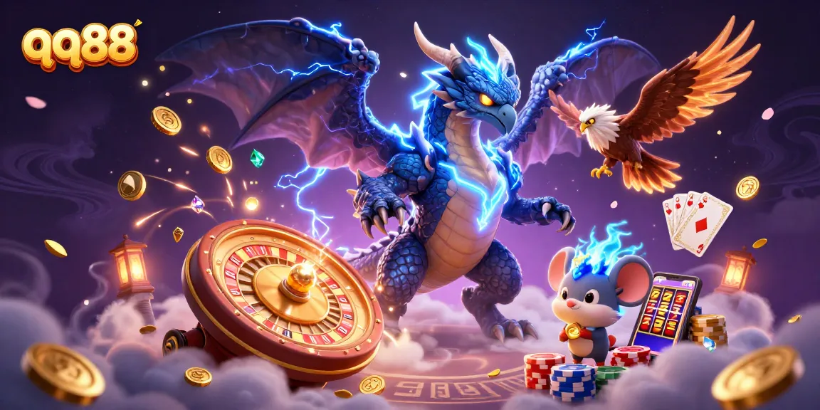 Win big with qq88 in a thrilling casino scene featuring vibrant characters and game elements.