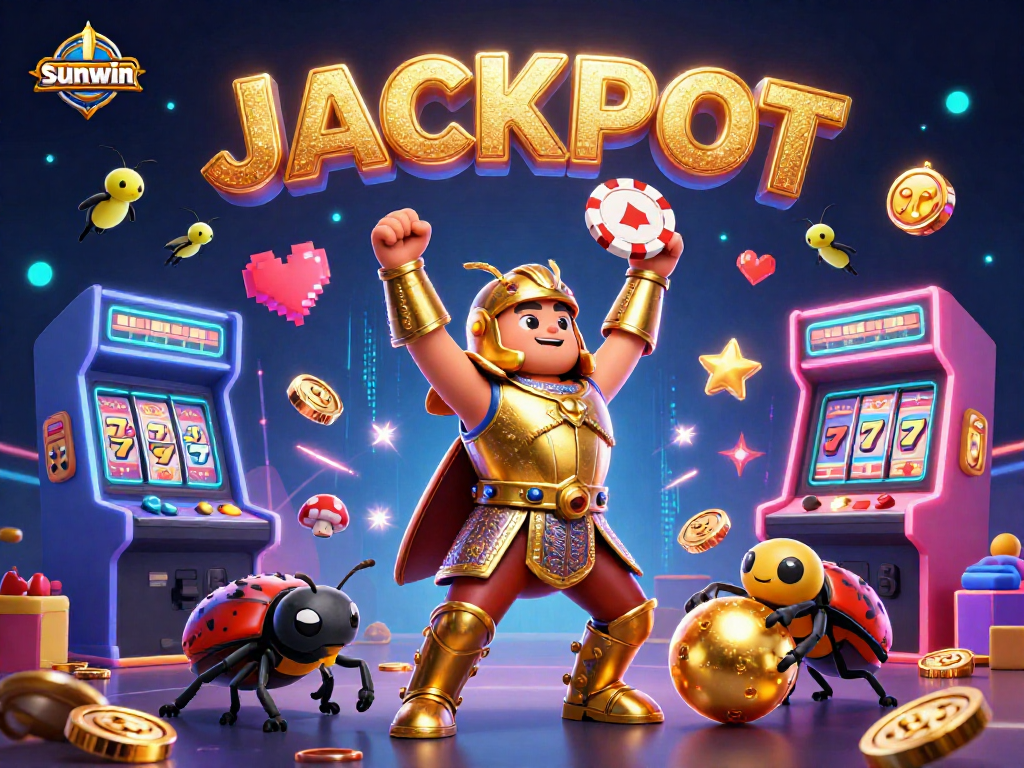 Experience the thrill of sunwin with vibrant 3D characters and casino elements in this captivating illustration.