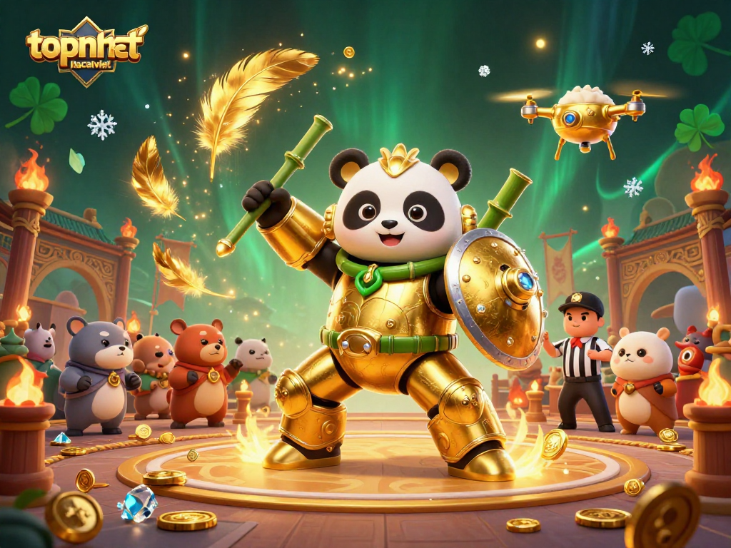 Engage with topnhacaiviet's thrilling casino experience featuring a mech-suit panda and dynamic gambling elements.