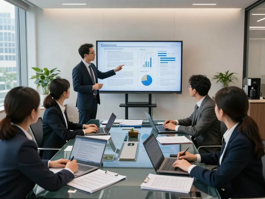 Lead Roedl team collaborating in a modern conference room, discussing legal strategies and analyzing case documents.