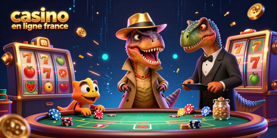 Illustration dynamique de casino en ligne France avec un vélociraptor au blackjack, jetons en vol.