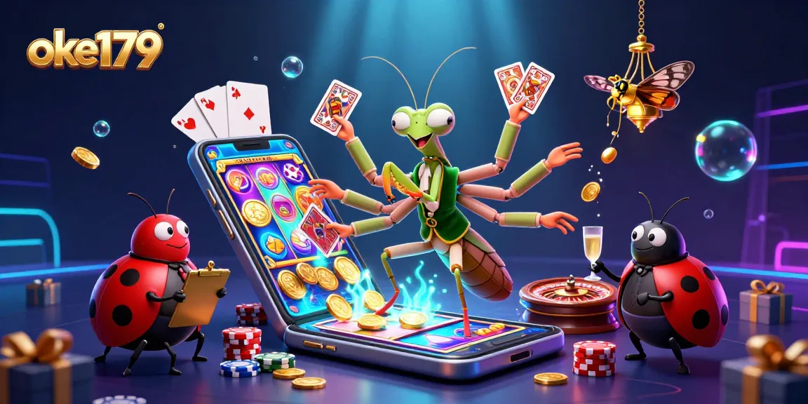 Bet on excitement with oke179 in this vibrant 3D casino scene featuring a mantis card sharp dealing cards.